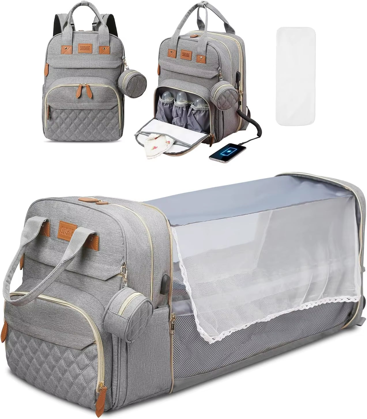 3 in 1 Diaper Bag Backpack Foldable Baby Bed Waterproof Travel Bag with USB Charge Diaper Bag Backpack with Changing Bed 3 Types
