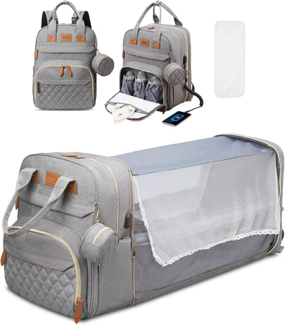 3 in 1 Diaper Bag Backpack Foldable Baby Bed Waterproof Travel Bag with USB Charge Diaper Bag Backpack with Changing Bed 3 Types