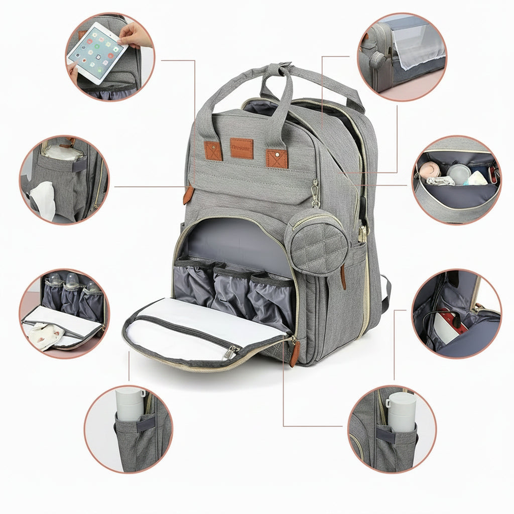 3 in 1 Diaper Bag Backpack Foldable Baby Bed Waterproof Travel Bag with USB Charge Diaper Bag Backpack with Changing Bed 3 Types